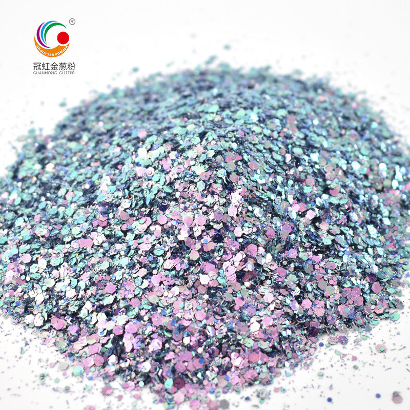 Party Makeup Compatible PET Charming Solvent Resistant Chameleon Glitter Powder Mix dengan Mix Size dan Hexagon